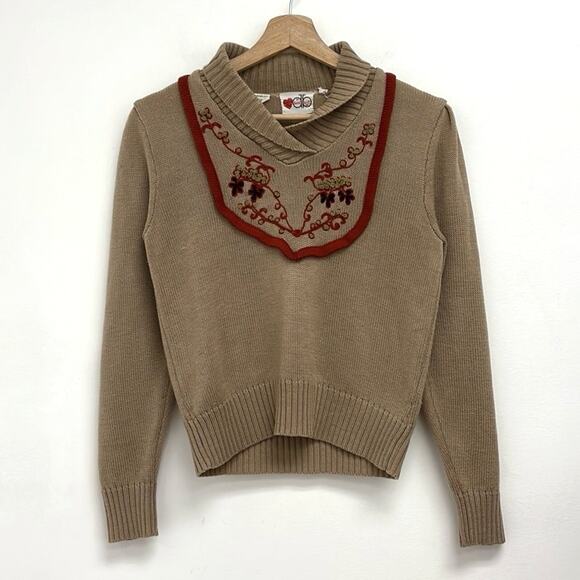 Vintage David Brett Floral Embroidery Bib Puff Sleeve Retro 70s Sweater XS* - Picture 1 of 11